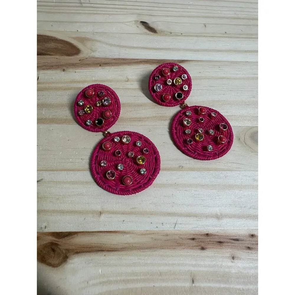 Tuckernuck Pink Raffia Gemstone Drop Earrings Woven Boho